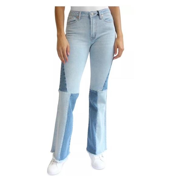 Almost Famous Womens Jeans Size 0 High Rise Flare Colorblock Raw Hem Patchwork - Picture 1 of 8